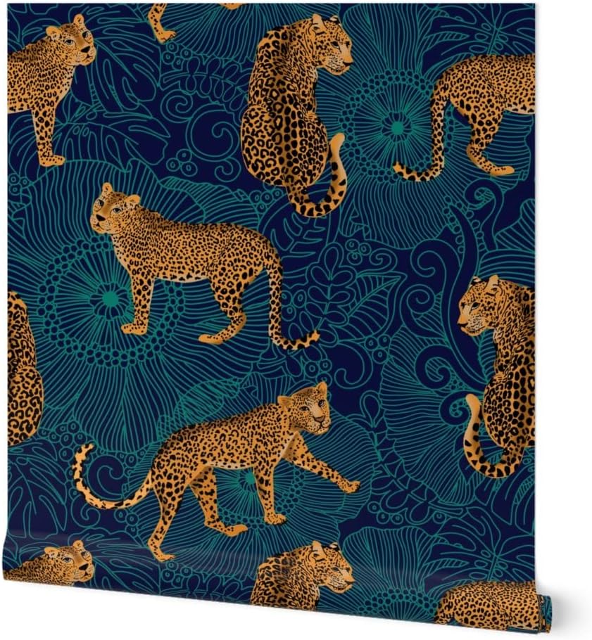 Spoonflower Removable Wallpaper 6ft x 2ft - Maximalist Leopard Jungle Midnight Blue Teal Animals Navy Animalier Custom Pre-Pasted Wallpaper