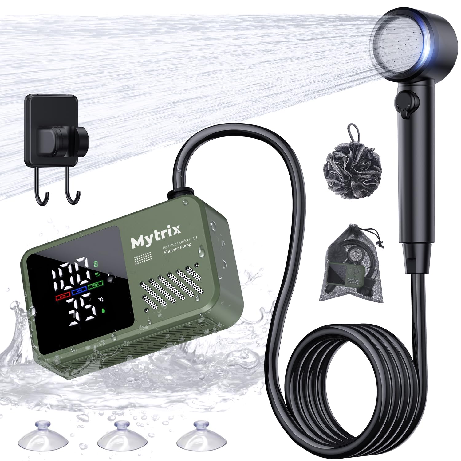 Mytrix Portable Shower for Camping, Powerful 10L/Min Water Flow, Rechargeable Shower Pump with Bath Sponge, 4 Spray Modes, IPX8 Waterproof, 7800mAh Battery, Ideal for Hiking, Car Wash, Pet, Green