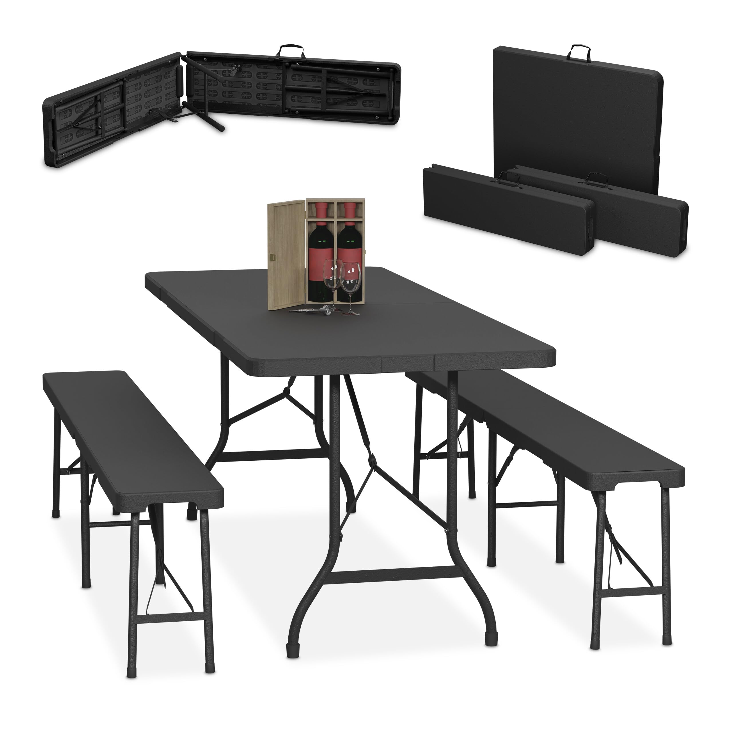 Relaxdays Tavolo da Birreria con Panche, Set da Giardino, Panchine e Tavolino Pieghevoli per Fiere, Lungo 180 cm, Nero