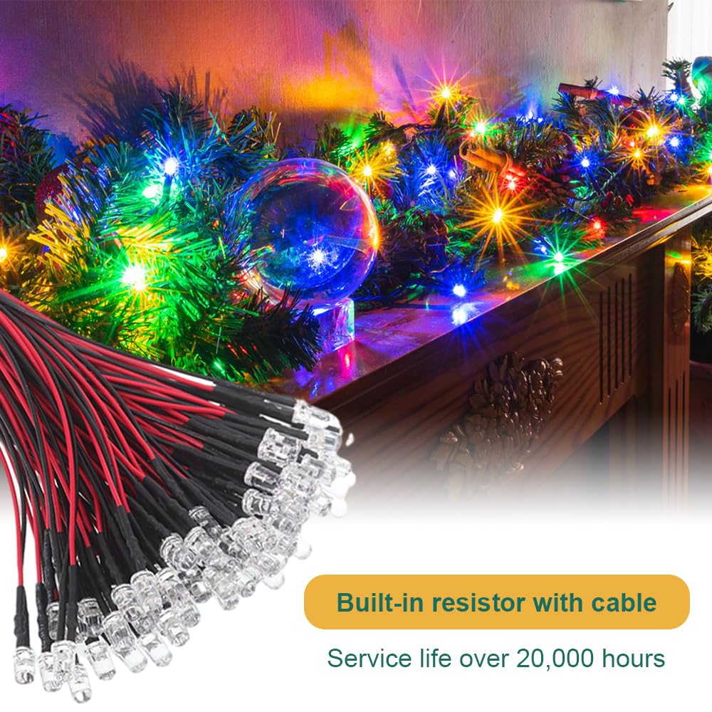 100 LED Precablati 12V 3mm - 5 Colori (Bianco, Rosso, Blu, Verde, Giallo) Per Circuiti, Modellismo, Decorazioni