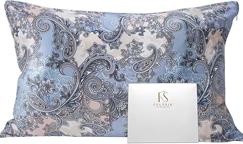 Funda de almohada de seda de cachemira azul y gris para cabello y piel, estándar 20 x 26 pulgadas, 22 Momme 100% seda de morera con estampado floral