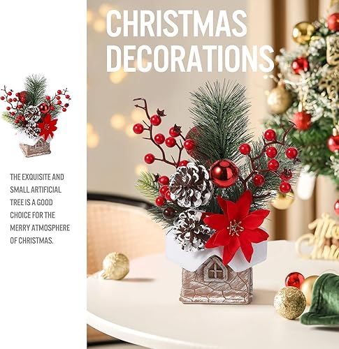 Miniatura 4 de Hatisan Árbol de Navidad pequeño, árbol de Navidad artificial con adornos de Navidad, bayas de cono de pino, árbol de Navidad de mesa para