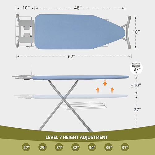 Miniatura 2 de Tabla de planchar de 48 x 18 pulgadas con soporte para hierro, altura ajustable de 27 a 37 pulgadas, tabla de hierro plegable de tamaño completo que
