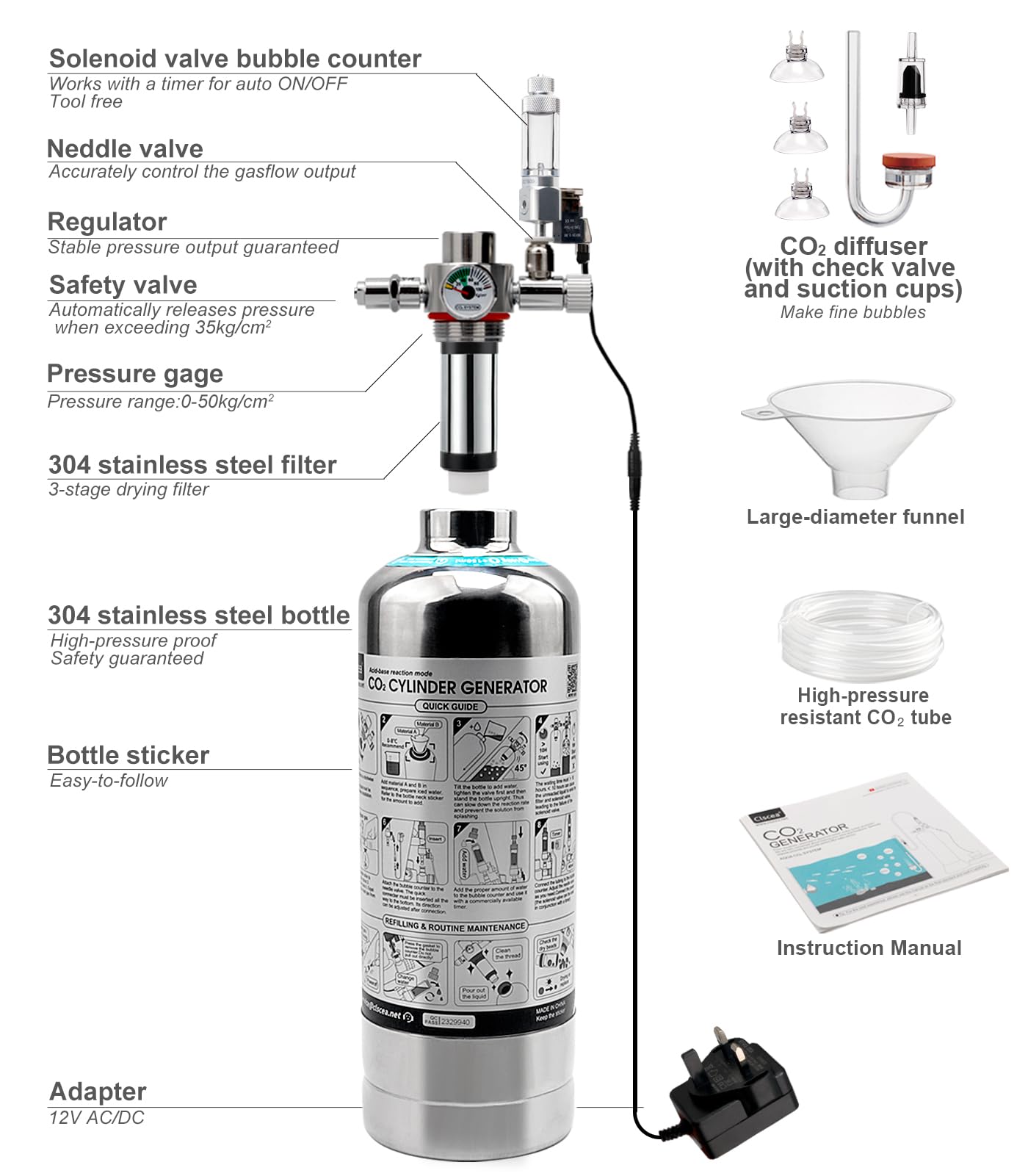 Générateur de système de CO2 d'aquarium 1 L, kit de réacteur de dioxyde de carbone en acier inoxydable avec régulateur électrovanne pour plantes d'aquarium (G600SMini), kit d'aquarium CO2