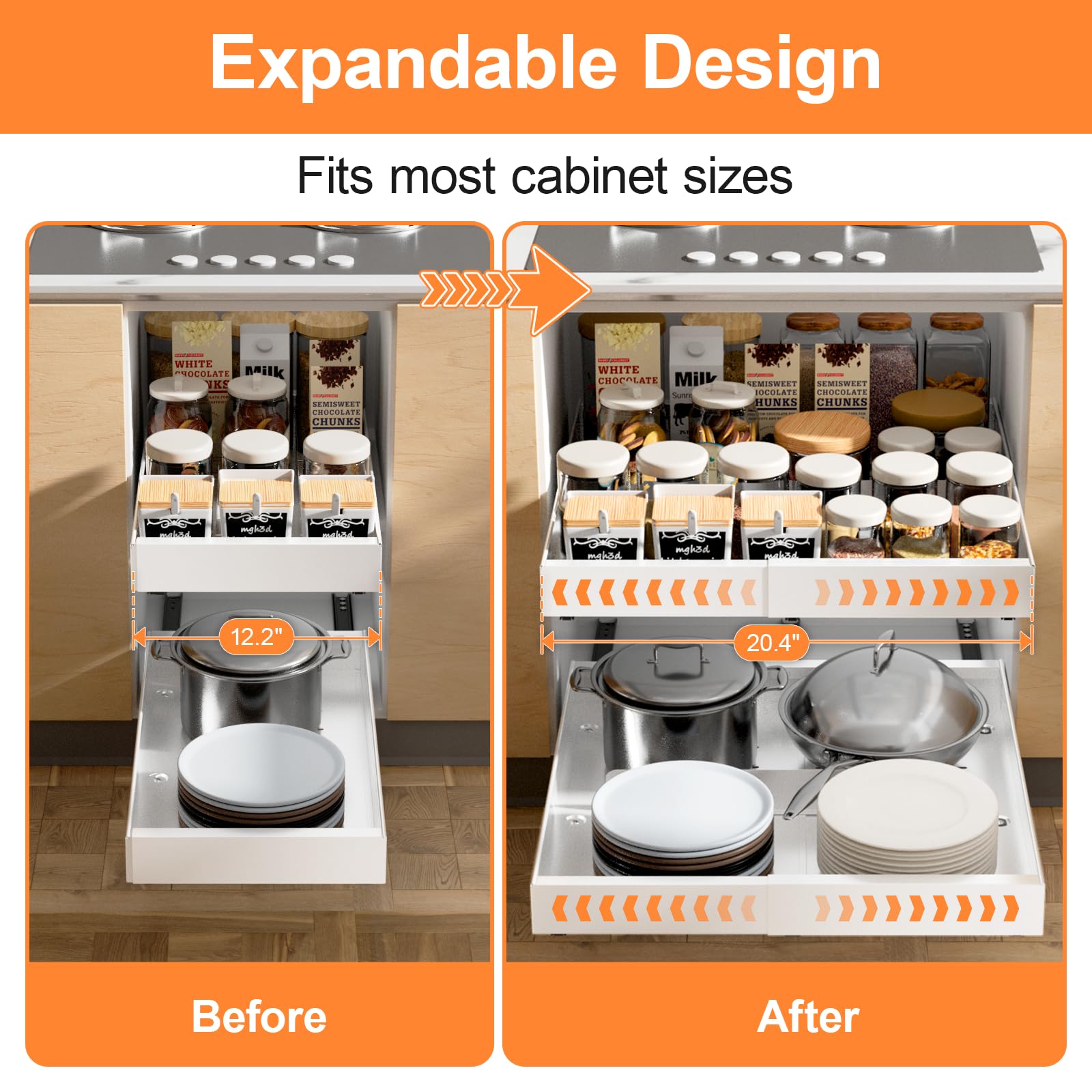 YJHome Cassetto da cucina espandibile con divisorio, profondità 42 cm e 32 – 52 cm di larghezza, organizer da cucina, organizzatore pantry, bianco, 2 pezzi