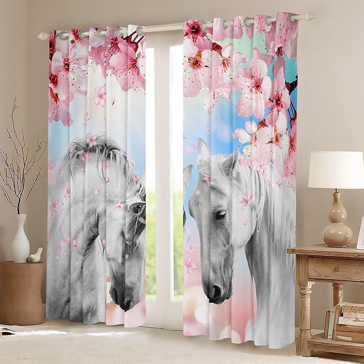 Loussiesd Paire de rideaux de fenêtre pour enfants - Motif cheval galopant - Blanc - Imprimé fleurs de cerisier - 137 x 117 cm - Décoration d'intérieur