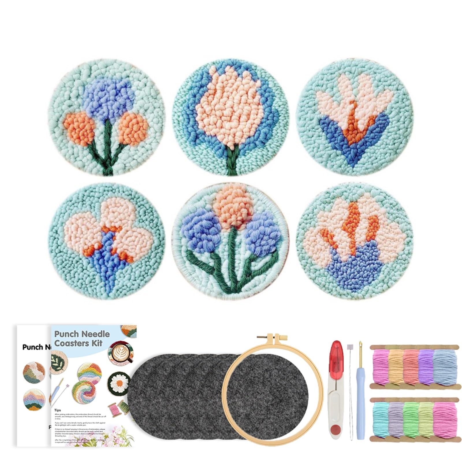 1set Punch Needle Coasters Kit For Beginners Plant Pattern Embroidery Kits Easy Tufted Rug Decoration for DIY(Color6)