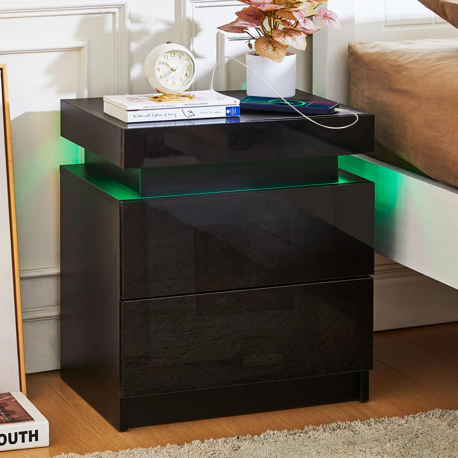 TUKAILAi Bedside Table with LED Lights and Built-in Socket, 2 Drawers Nightstand with USB Charging Port, High Gloss Bedside Cabinet with Hidden Storage, for Bedroom Living Room