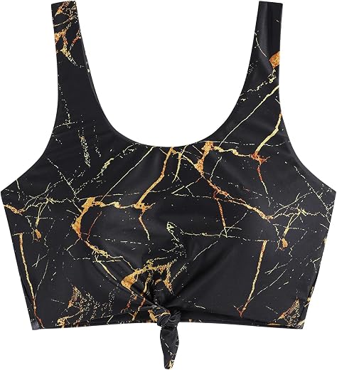 ZAFUL Women's Front Knot Bikini Tops Crop Tankini Top Scoop Neck Padded Bathing Suit Tops, 1-marble, Large