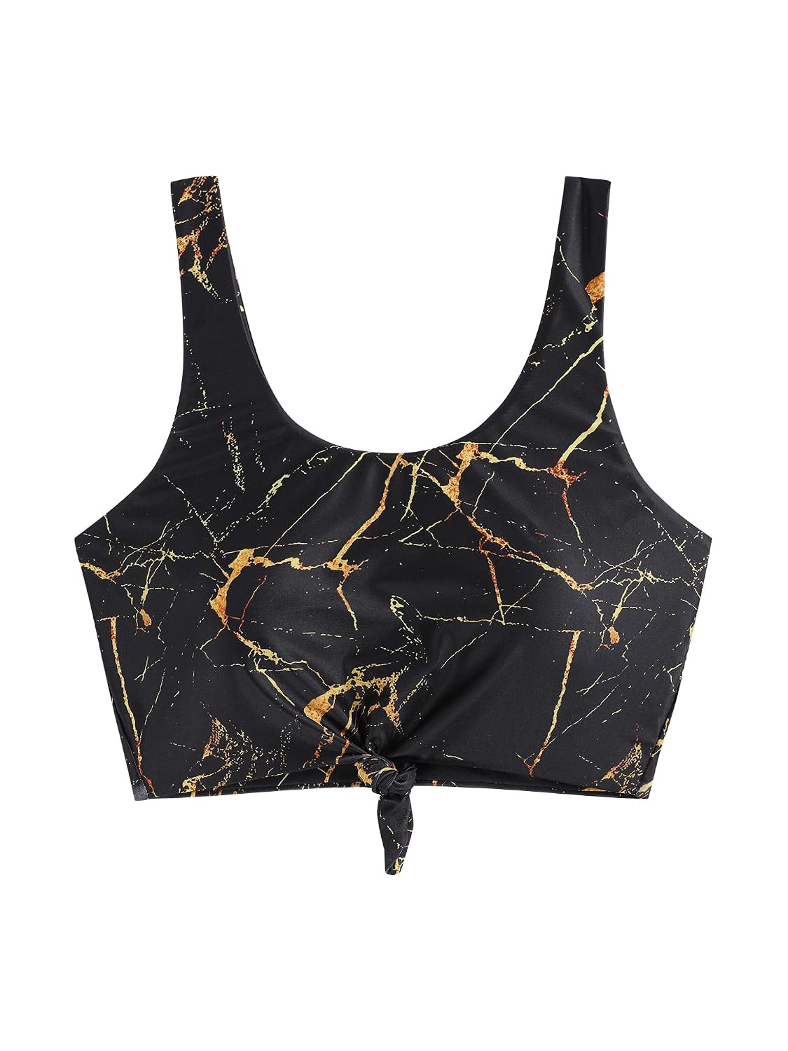 ZAFUL Women's Front Knot Bikini Tops Crop Tankini Top Scoop Neck Padded Bathing Suit Tops, 1-marble, Large