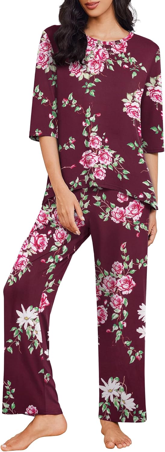 Ekouaer Womens Lounge Sets 2 Piece Pajamas Sets 3/4 Sleeve Tops and Long Pants Soft Pjs Loungewear with Pockets