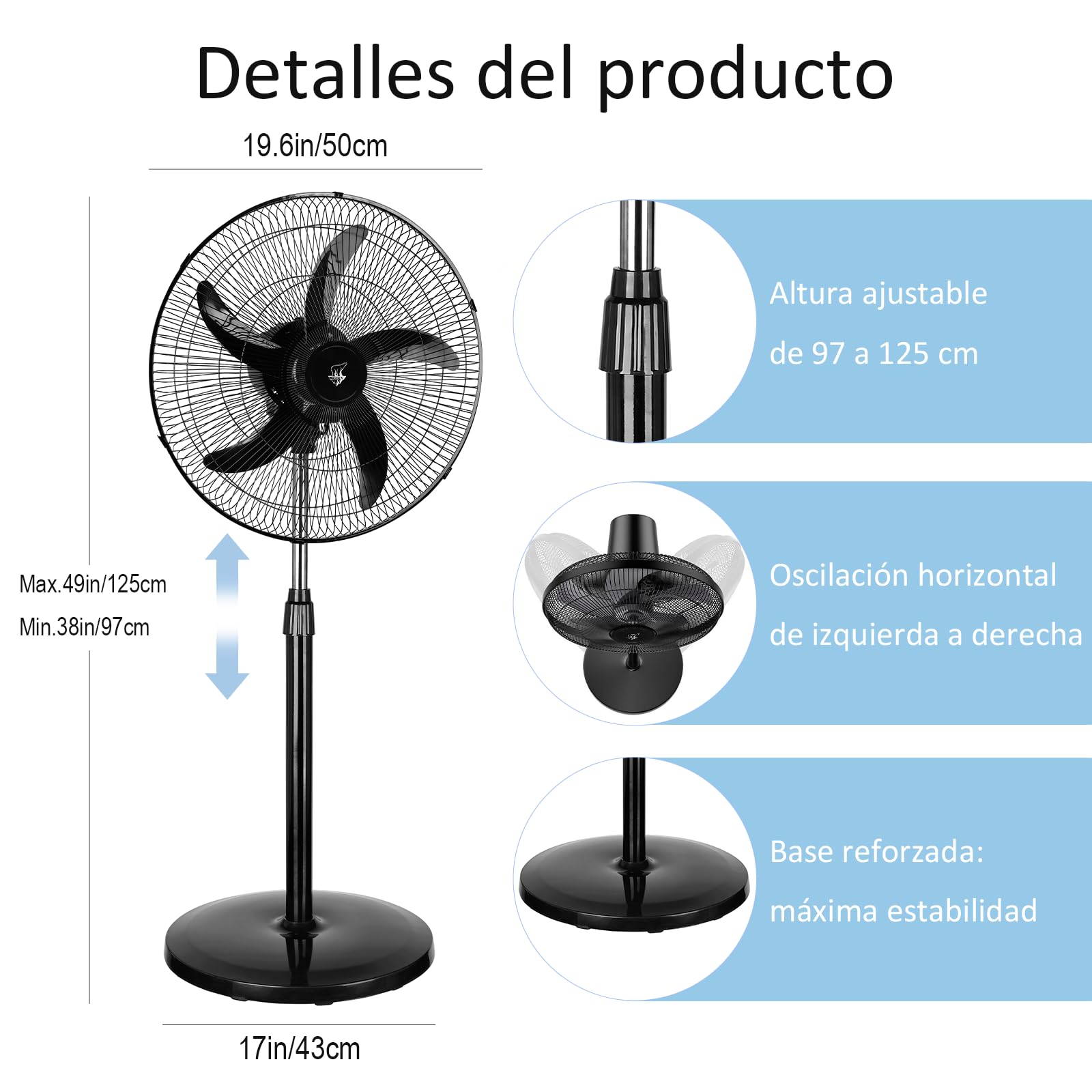 Ventilador de Pie Potente 75W, Aspas de 45 cm (18"), 3 Velocidades Ajustables, Silencioso, Oscilante, Altura Regulable, Base Reforzada, Adecuado para Hogar, Oficina y Almacén, Negro
