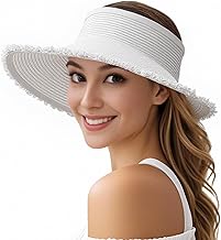 Women's Straw Sun Visor Hat, UPF 50+ Wide Brim Adjustable Ponytail Beach Hat Packable Lightweight UV Protection for Outdoor
