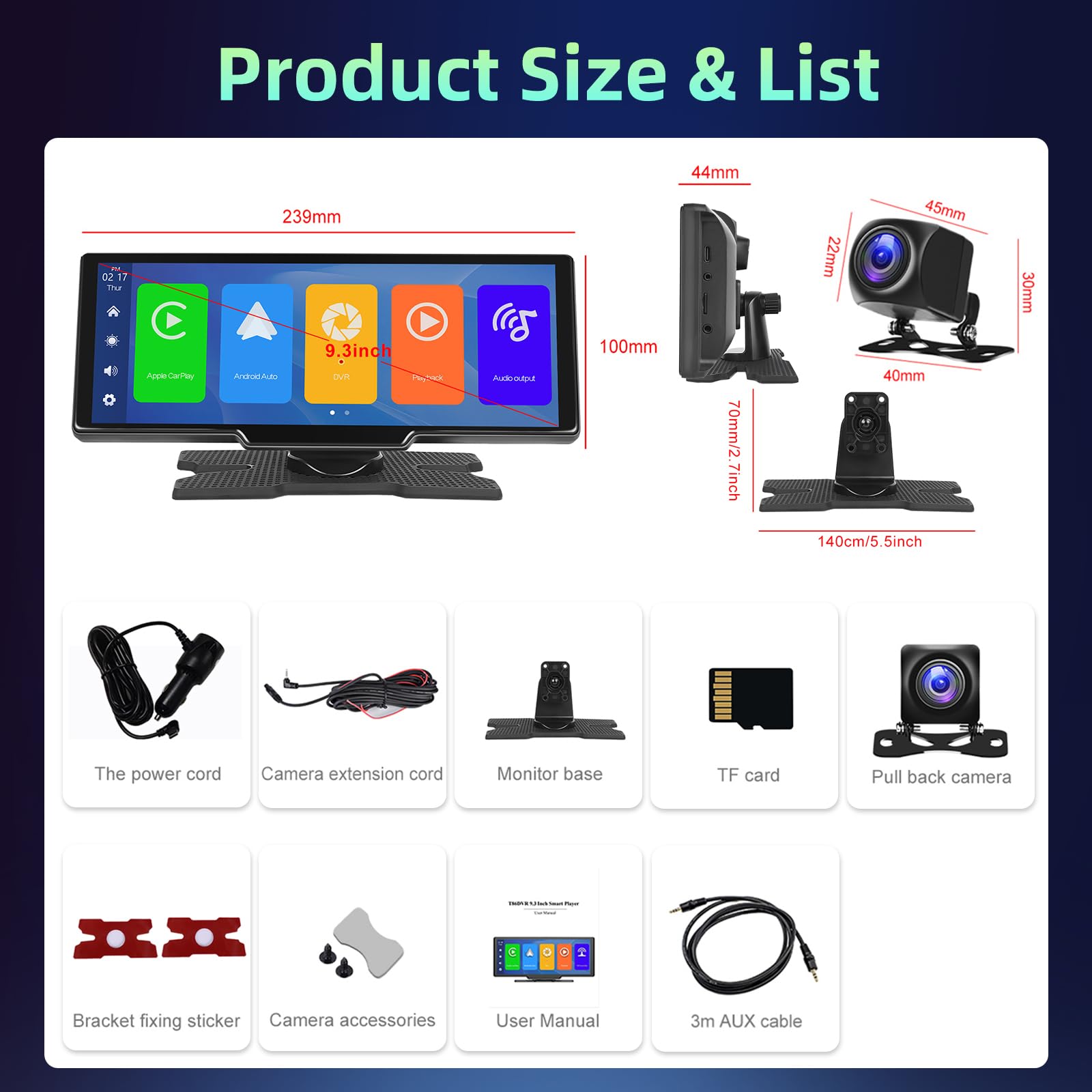 Écran Portable sans Fil 10.26" CarPlay Voiture avec 2,5K Dashcam & 1080P Caméra de Recul, Ecran Carplay MirrorLink, Navigation GPS, Siri G00gle Assistant Vocal, Bluetooth, FM, Aux, 64G TF Carte