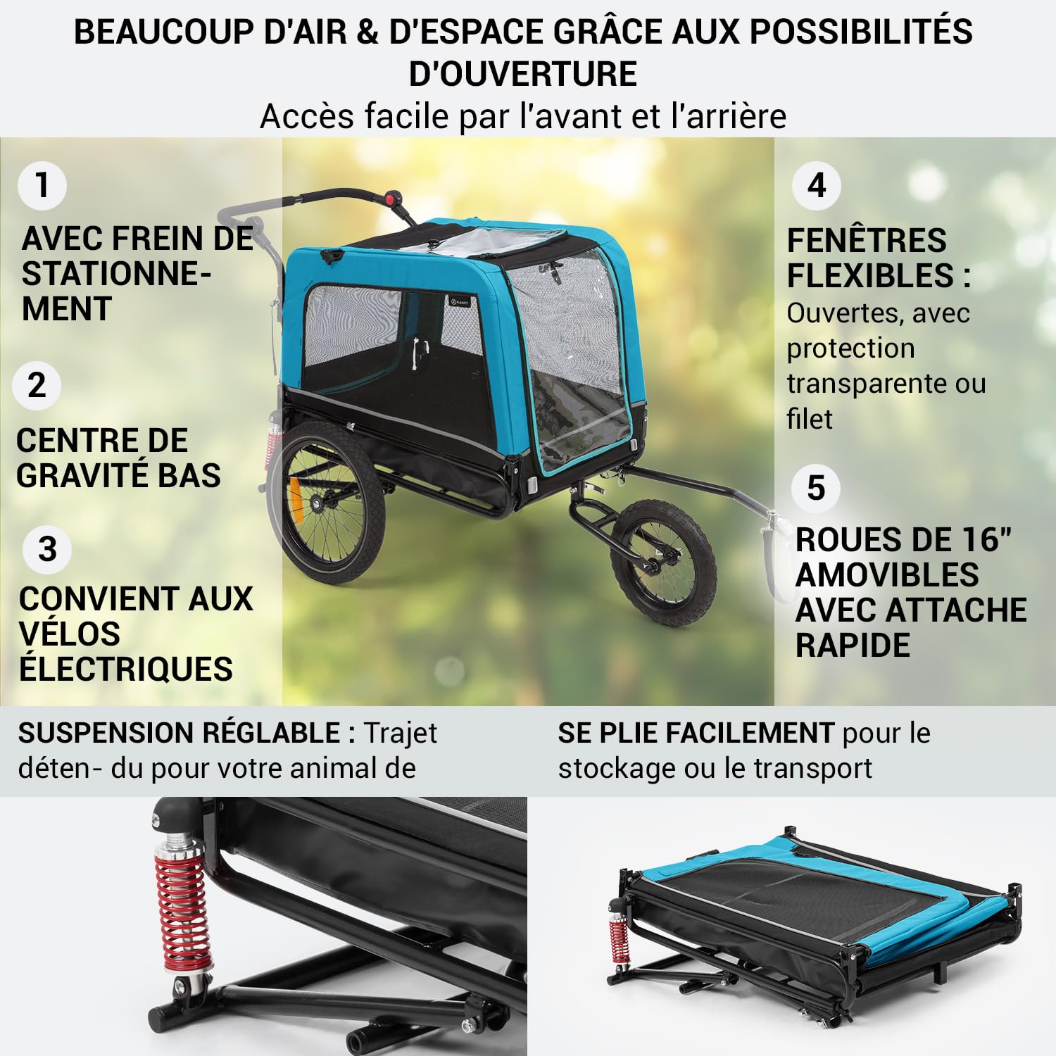 Klarfit Remorque Velo Chien 2-en-1, Remorque à Vélo pour Chien Poussette, Chariot Transport Chiens, Toile Oxford, 250L, 40kg