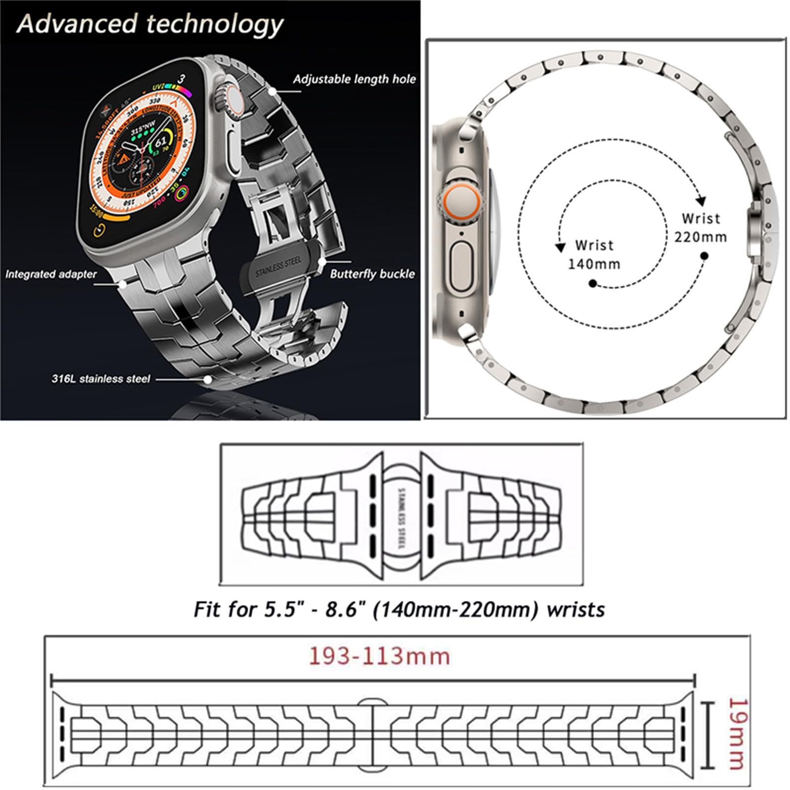 Pasek kompatybilny z Apple Watch 49 mm, 45 mm, 44 mm, 42 mm, 41 mm, 40 mm, 38 mm, ulepszona biznesowa metalowa opaska na nadgarstek ze stali nierdzewnej do iWatch SE Series 9, 8, 7, 6, 5, 4, 3,