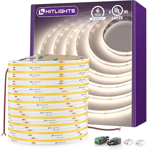 HitLights COB - Tira de luces LED de color blanco neutro 4000K, 32.8 pies, alta densidad, 24 V, 5120 LED, 350+ LMFT, CRI 90+, IP30, iluminación para
