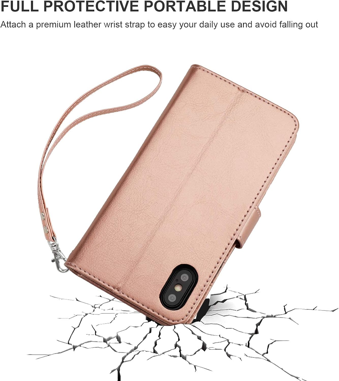 Bocasal for iPhone Xs Max Wallet Case with Card Holder PU Leather Magnetic Detachable Kickstand Shockproof Wrist Strap Removable Flip Cover for iPhone Xs Max 6.5 inch (Rose Gold)