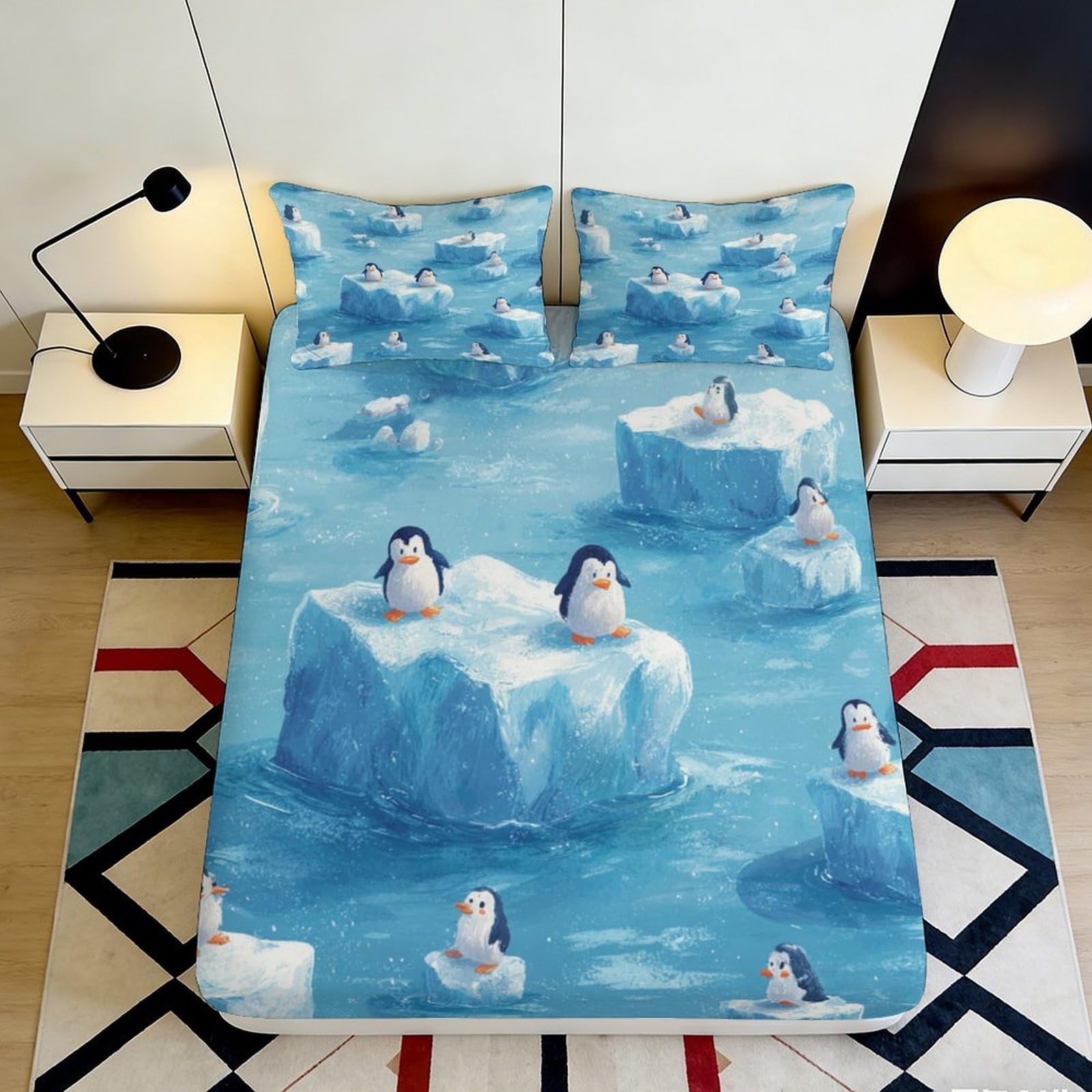 3D Printed Penguin Iceberg Fitted Sheet Microfiber Soft Breathable Arctic Ocean Bed Cover for Bedroom Guest Room Decor 90x200x25cm