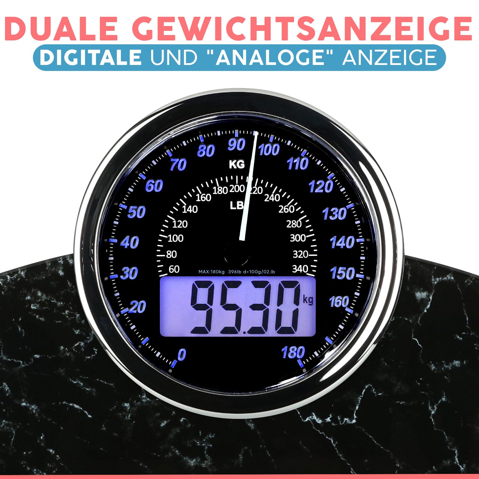 Hybrid Personenwaage - Analog & Digital, Präzise bis 180 kg | Gewicht auf Analogzifferblatt und LCD ablesen. Breite Glasplattform, 3 AAA Batterien inklusive, sofort einsatzbereit.