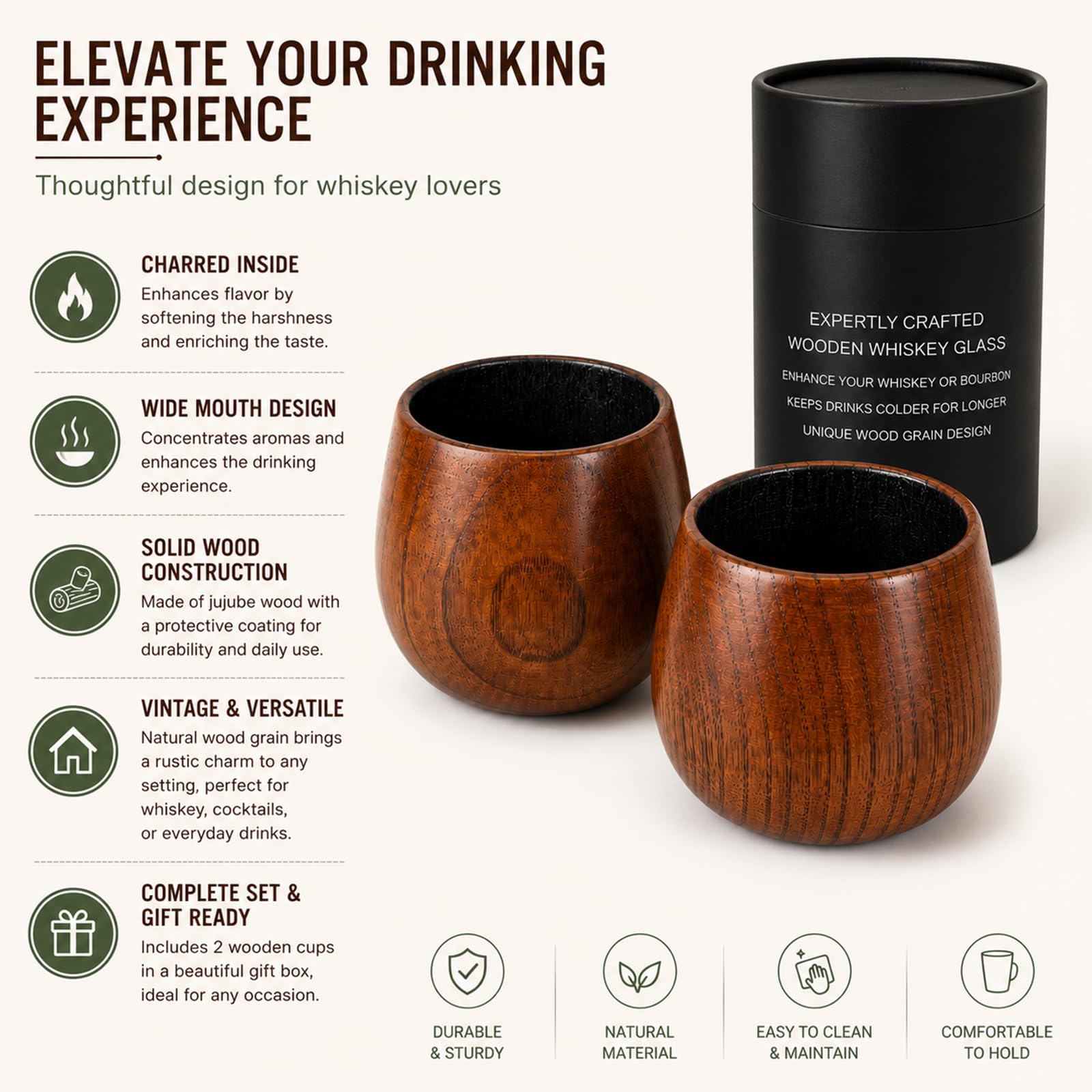 Verre à Whisky en Bois, Lot de 2 Verres à Dégustation Old Fashioned avec Intérieur Carbonisé pour Adoucir le Goût, Verre à Bourbon et Rhum, Design Évasé pour Amplifier les Arômes