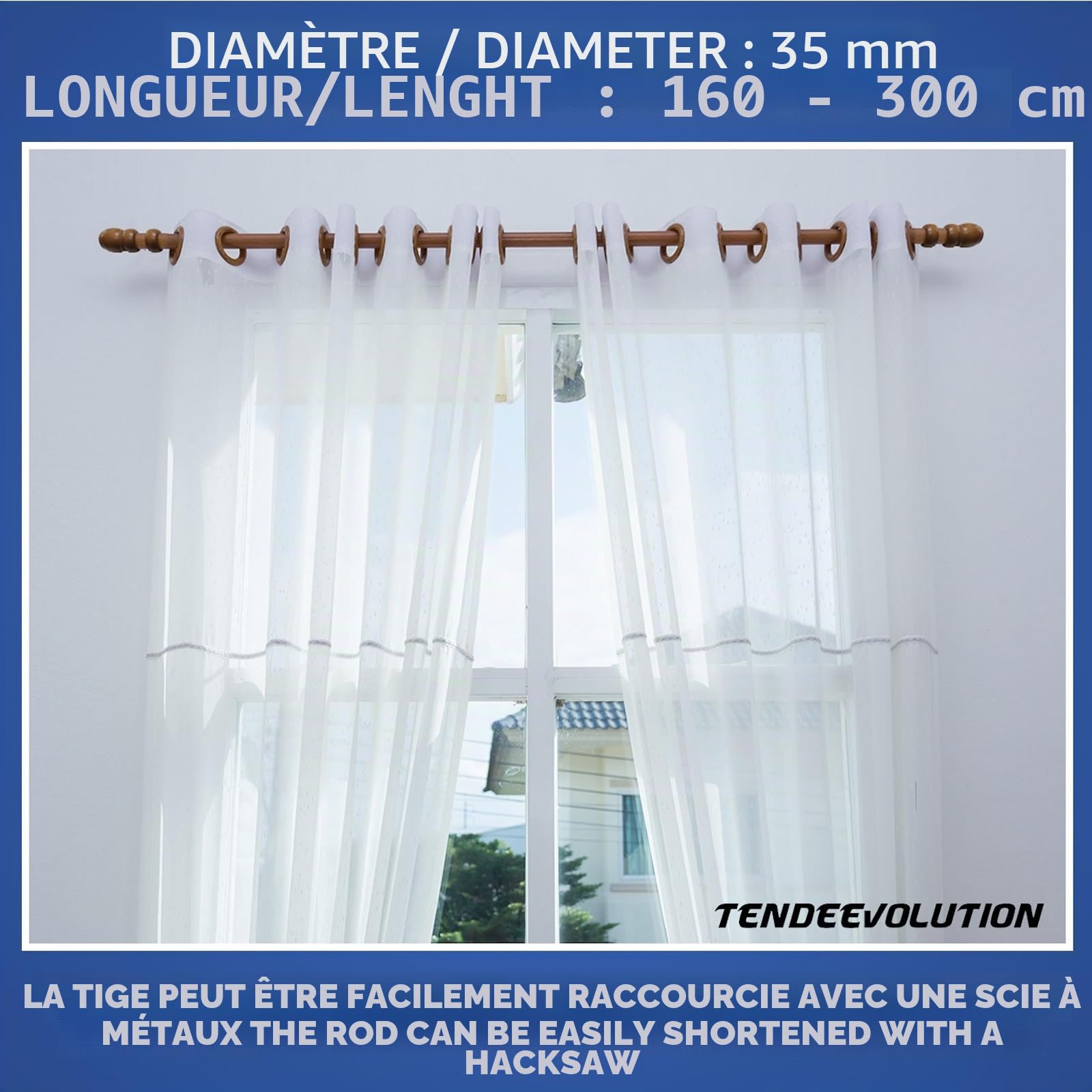 Tringle à Rideaux en Bois avec Anneaux Complète d'Accessoires, Diamètre 35 mm, Mouvement Manuel, Tringle à Rideau Blanc et Autres Couleurs avec Supports et Embouts (ORME, 160 CM)
