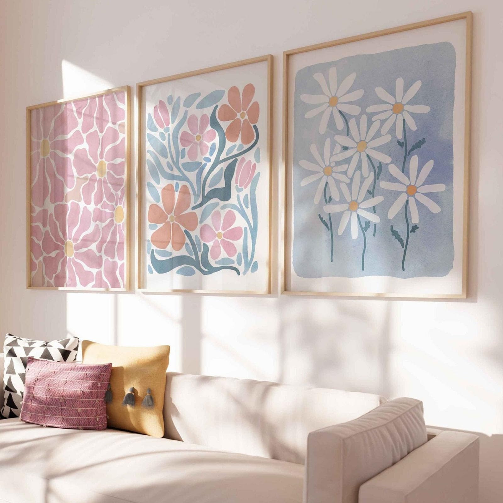 ZBELLO Set of 3 Boho Floral Canvas Wall Art, Abstract Daisy Flower Prints, Pastel Pink Blue Aesthetic Unframed Posters for Bedroom Living Room Home Interior Decor (21X30CM)