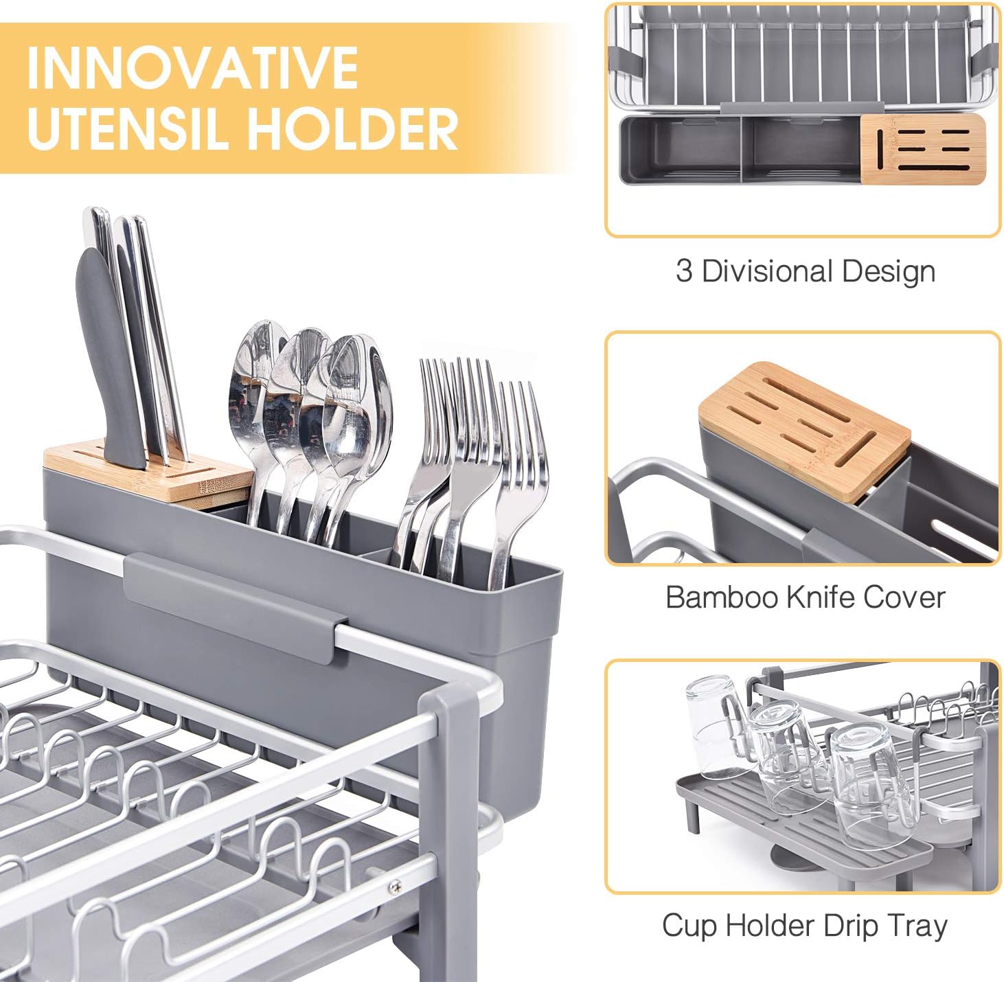 Aluminum Dish Rack, Sink Dish Drying Rack, Dish Drainer with Anti-Rust Frame, Unique 360° Swivel Spout Drainboard Design, Cutlery Holder, Removable Cup Holder for Kitchen Countertop, Grey -