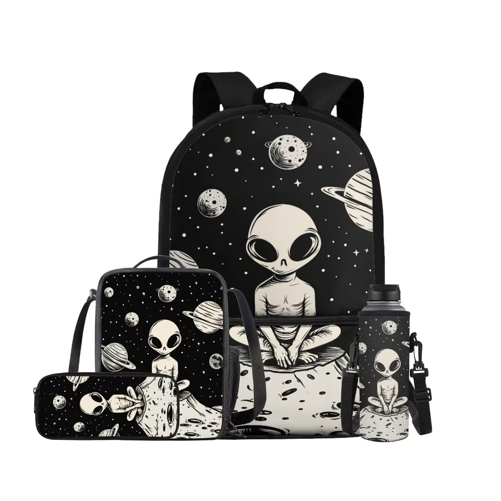 ELEDIZI Space Alien Backpack Set with Lunch Box, Water Bottle Pouch, and Pencil Case for Boys & Girls, 17" Large School Bag