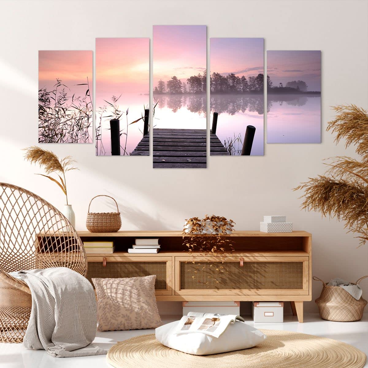 Wandbilder Dekoration Wohnzimmer Morgen Sonnenaufgang Nebel See Bilder auf Leinwand 160x85cm Leinwandbild Schlafzimmer Set 5 teilige Wand Kunstdruck Art Groß XXL Wanddeko Bild Canvas EA160x85-2593