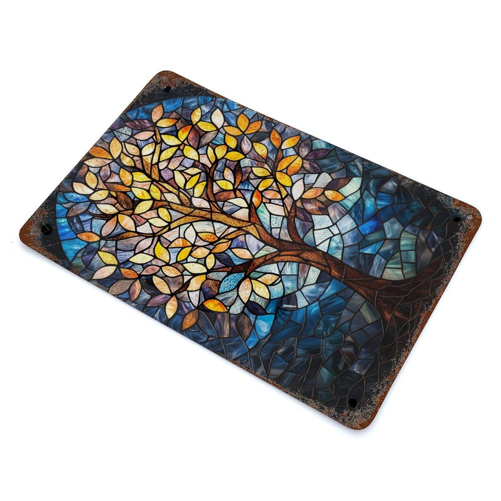Aged Metal Wall Plaque with Stained Glass Tree Design 11.8"x7.9", for Cafe, Home Bar And Lounge Decor, Novelty Wall Decor
