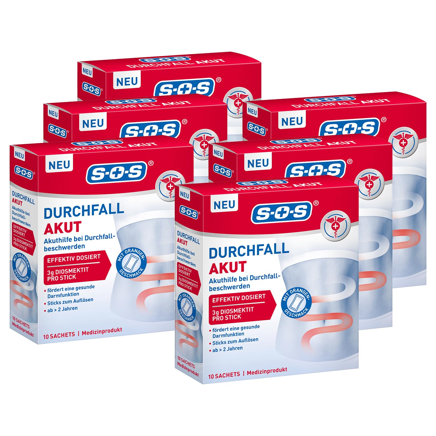 SOS Durchfall AKUT (6x 10 Sachets) – 3 g Diosmektit pro Stick – Bei akutem Durchfall & Magen-Darm-Beschwerden – Ab 2 Jahren – Orangen-Geschmack – 10 Sachets zur Auflösung in Wasser