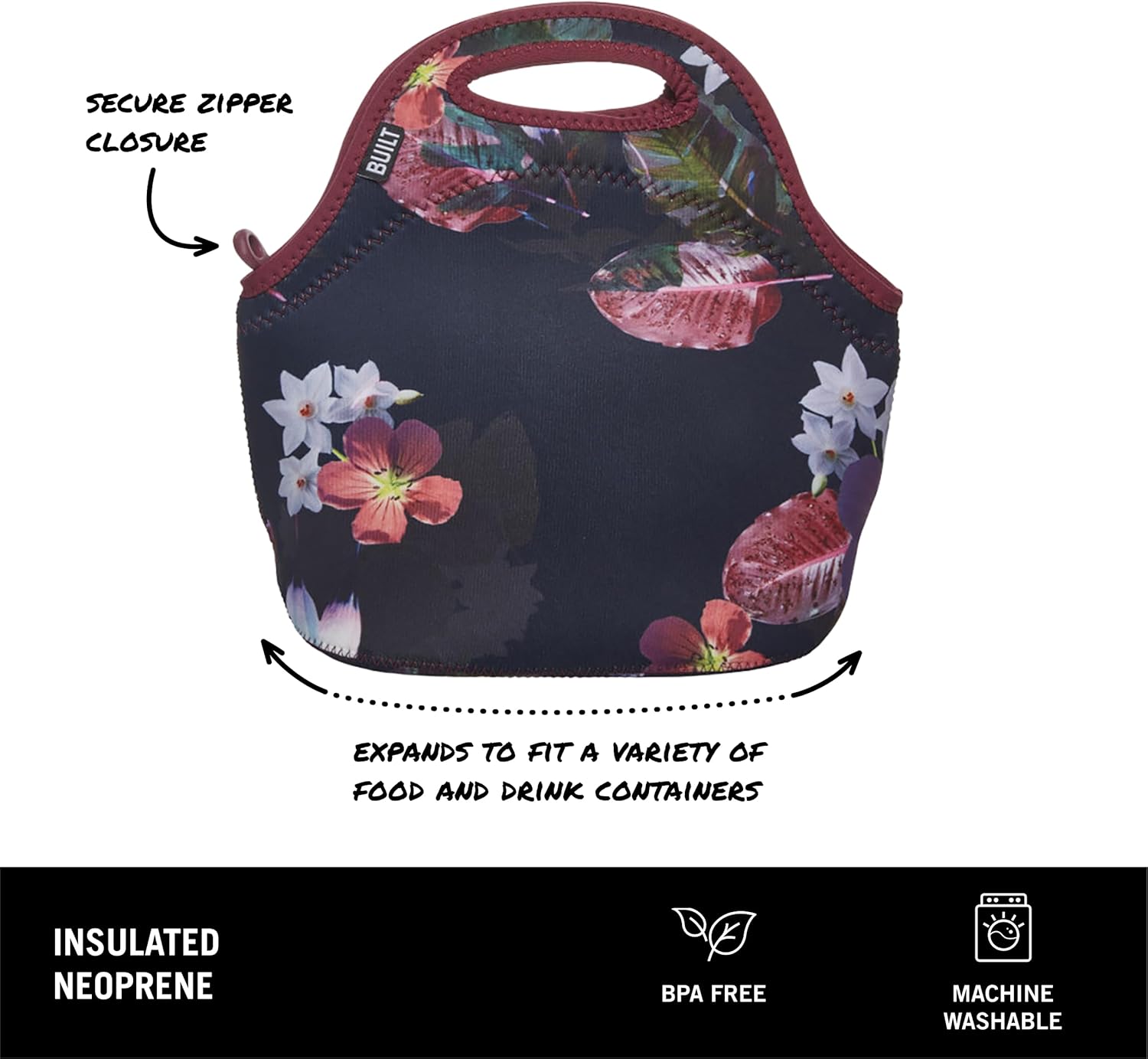 BUILT Gourmet Getaway Soft Neoprene Lunch Tote, Lightweight, Insulated, and Reusable, One Size, Midnight Botanical