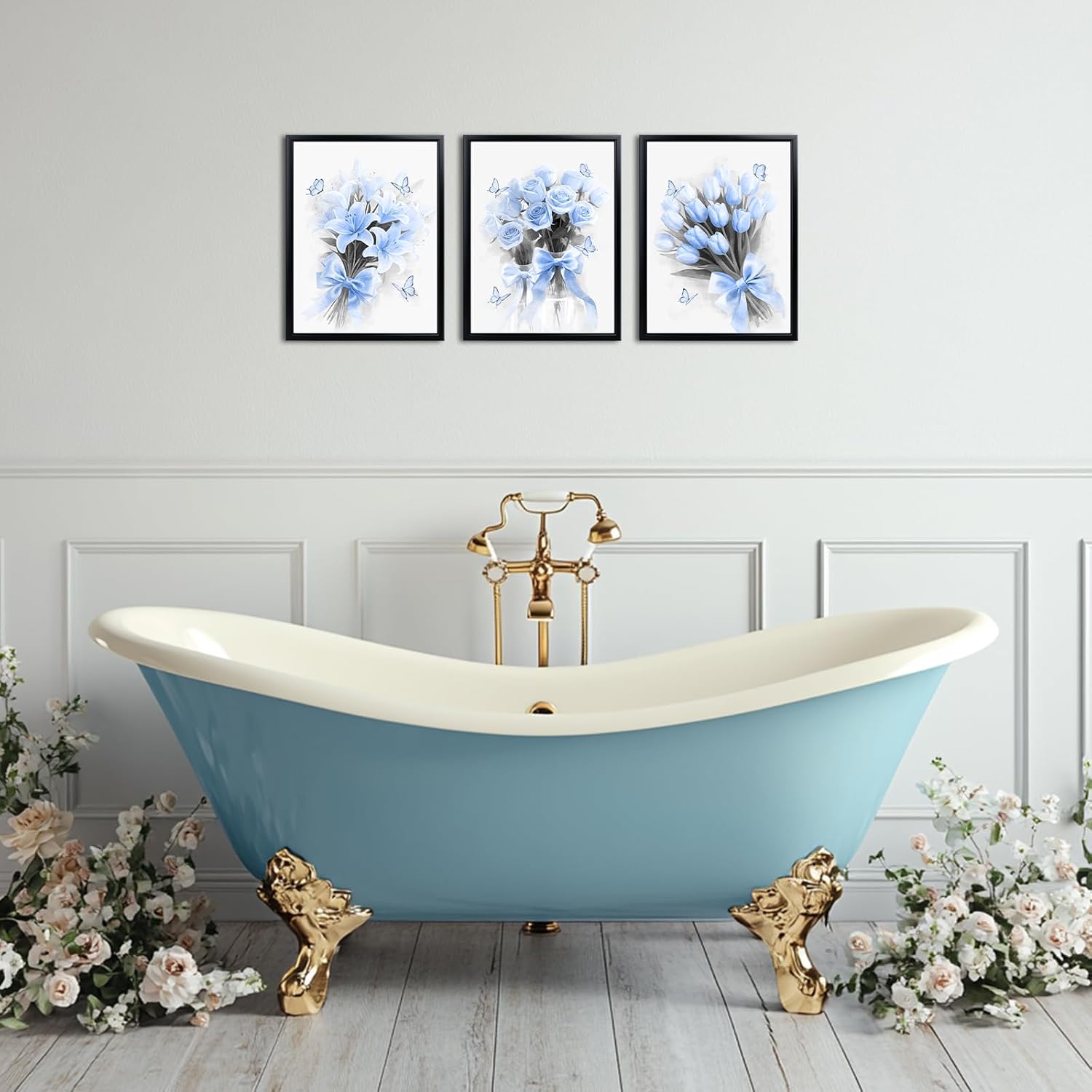 OuElegent Blue Flower Wall Art Floral Bow Artwork Prints Roses and Butterflies Picture Prints Set of 3 Black Framed Canvas 12''x16''x3 (blue)