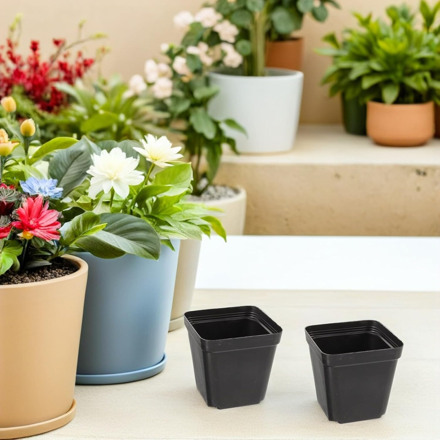 POPETPOP 100pcs Black Square Plastic Plant Nursery Pots with Drainage Holes for Seed Starting and Succulent Propagation Indoor Gardening Starter Planters