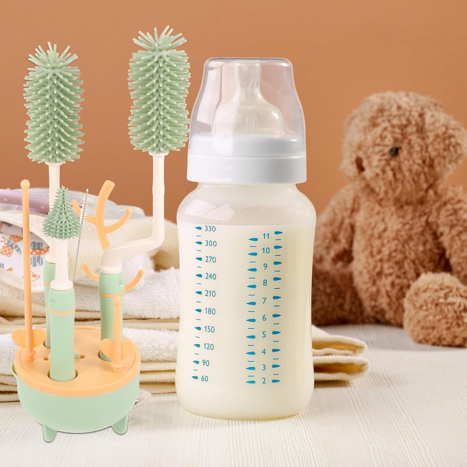 Milk Bottle Brush Set with Stand, Long Handle, 360-degree Rotation
