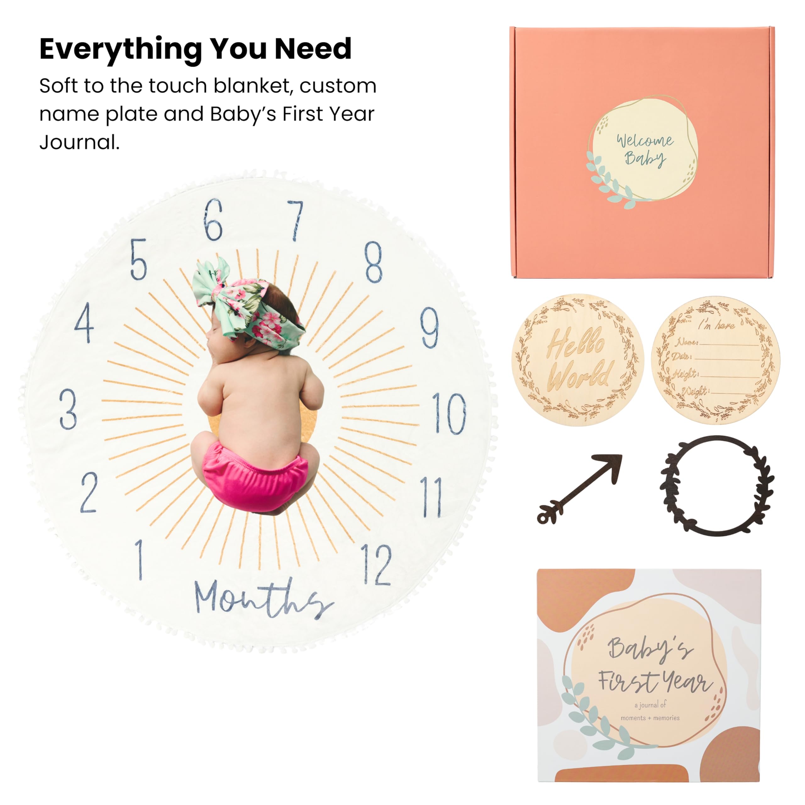 Baby Memory Book Gift Set - First Year Baby Journal, Milestone Blanket, and Birth Announcement Sign - Gender Neutral Baby Gift