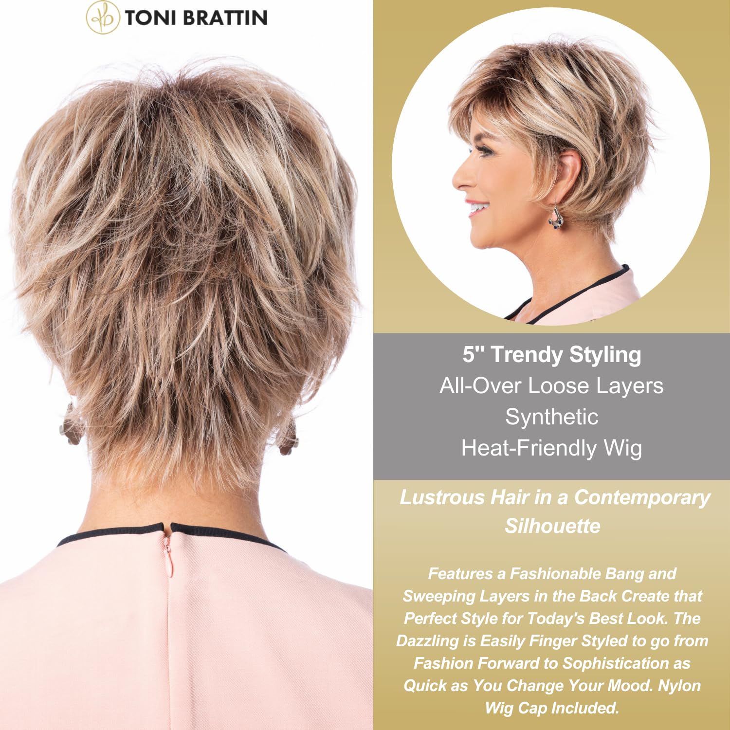 Toni Brattin Dazzling Wig - Contemporary Silhouette with a Fashionable Bang & Sweeping Layers - Heat-Friendly Fiber Looks & Feels like Natural Hair - Adjustable & Comfortable (Platinum, Plus)