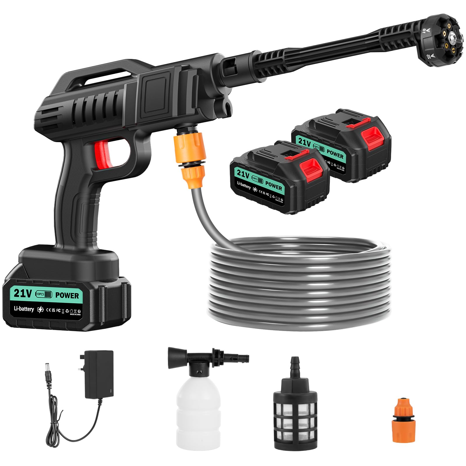 Cordless Pressure Washer, wowspeed Portable High Pressure Washer with Dual Battery & Charger, Cordless Jet Cleaner with 5M Hose, Water Filter, 6-in-1 Nozzle, High-Pressure Jet Wash for Car Garden