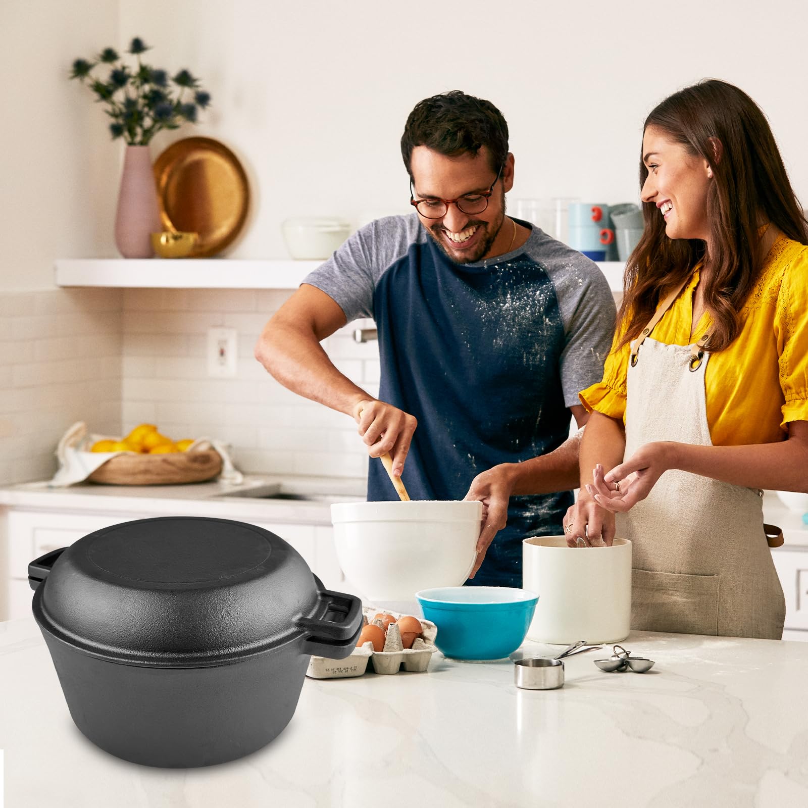 Olla de Hierro Fundido 26 cm, Para Hornear Pan Olla con Cesta de Fermentación, Horno Holandés 2 en 1, Sartén Robusta Para Hornear Pan, para Camping, Cocina, Casera, Barbacoa, Bake