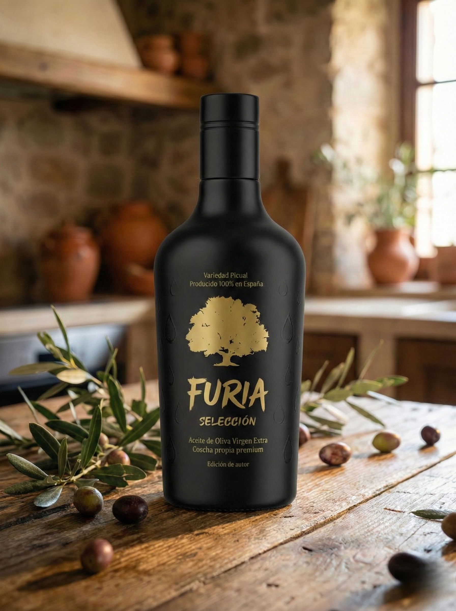 FURIA Selección Aceite de Oliva Virgen Extra Picual 500ml | AOVE 100% Picual Español Cosecha Propia | Extracción en Frío Sin Filtrar | Sabor Intenso Gourmet