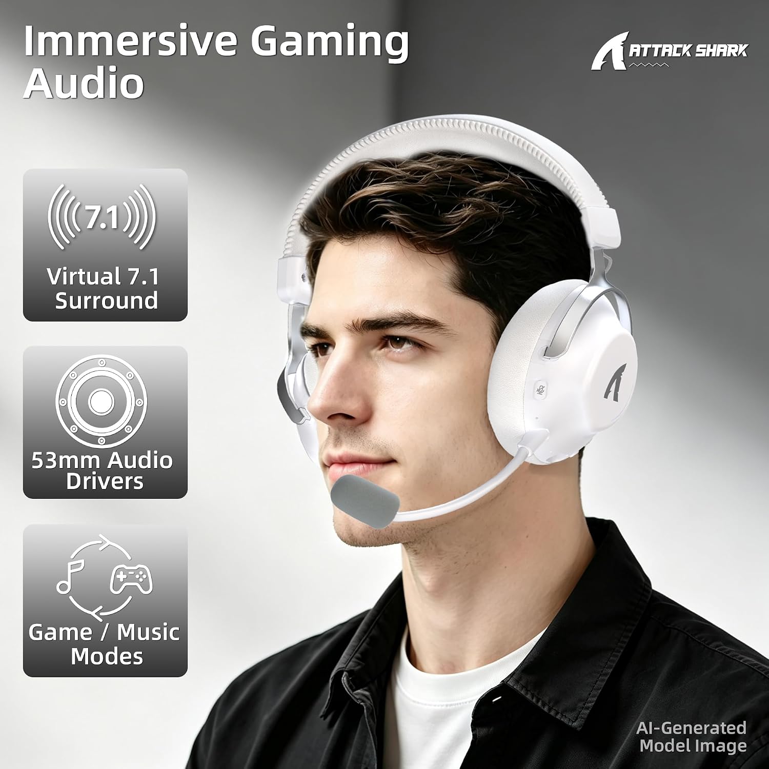 ATTACK SHARK L50PRO Wireless Gaming Headset with Detachable Mic, White | 53mm Drivers, 2.4GHz Low Latency, Bluetooth 5.3, 3.5mm Wired, 7.1 Surround Sound, Up to 64H Battery, 264g Lightweight, AI Mic