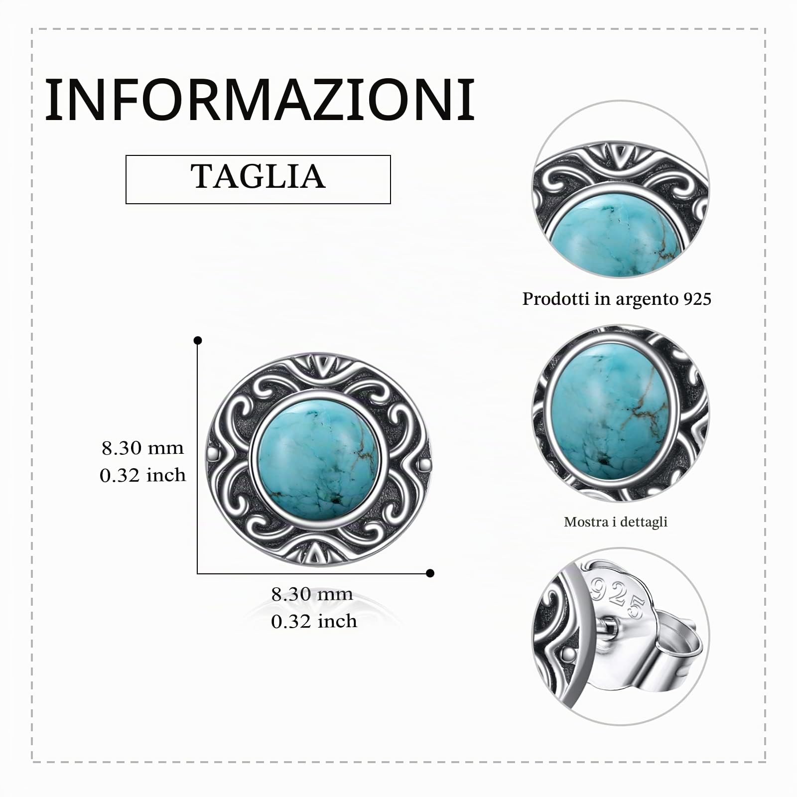 YFN Orecchini in Argento 925 con Pietre Turchesi - Orecchini Tondi Donna con Perni Gioielli Regali per le Donne e Ragazze