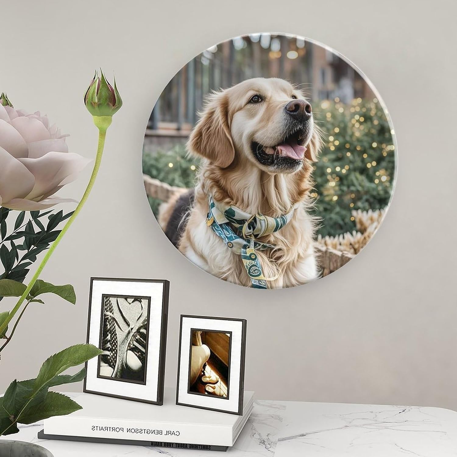 Golden Retriever Dog Bone China Decorative Plate with Display Stand, Ceramic Ornaments Plate for Wall Hanging, Personalized Porcelain Plates for Office, Living Room 8inch