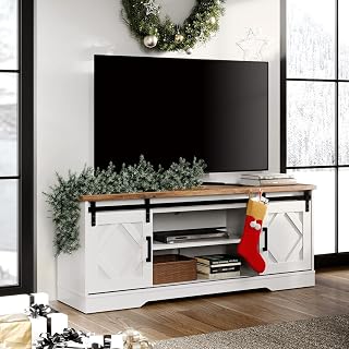 WAMPAT Farmhouse TV Stand with Siliding Barn Doors, Wood Entertainment Center for TV's up to 65" with Adjutsbale Shelves and Storage Cabinets for Living Room Bedroom, White