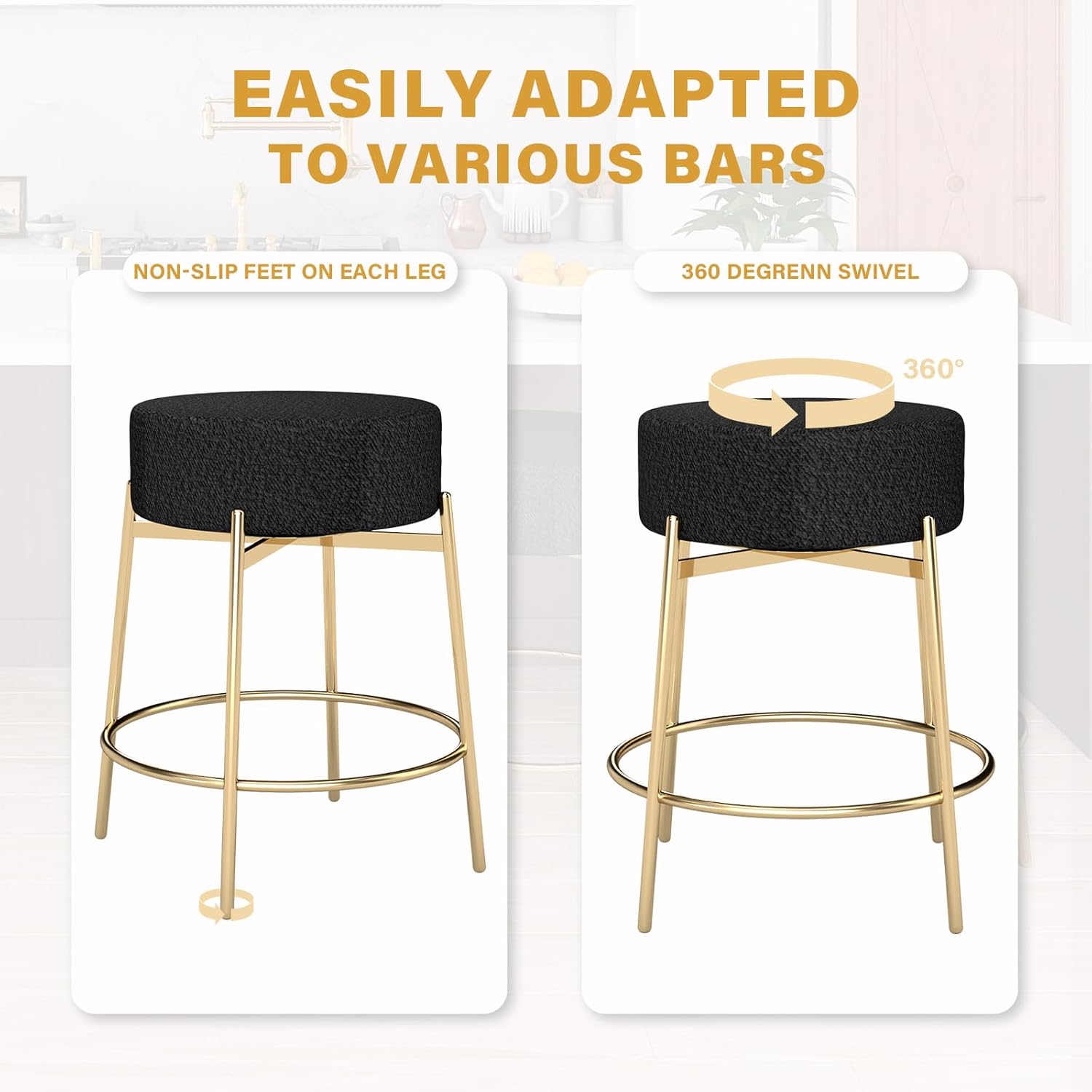 Swivel Boucle Bar Stools Set of 2, 24.4 Inch Counter Height Stools with Thick Padded Seat, Round Armless Kitchen Island Chairs with Gold Legs and Footrest for Home Bar Dining Room, Black