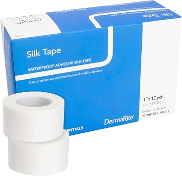 Adhesive Silk Medical Tape - Durable, Flexible, Waterproof Fabric Wound Care Tape - 1in x 10yd, 12 Rolls - for Strongly Holding Dressings, Securing Splints, Ideal for Long-Term Care