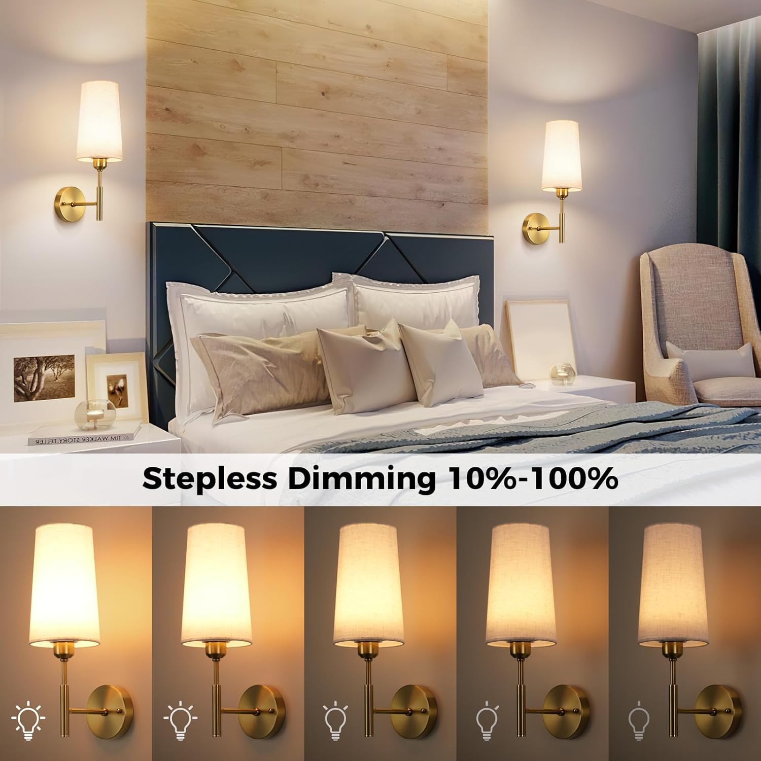 Akku Wandlampe Innen 2 Stück, LED Dimmbar RGB Wandbeleuchtung mit Fernbedienung, 3000mAh USB Aufladbare Wandleuchte, Stoffschirm Wandleuchten für Schlafzimmer Wohnzimmer Flur Nachttischlampe (2 Stück)