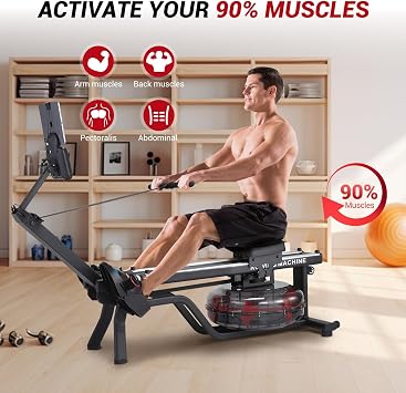 GarveeHome Water Rowing Machines for Home, 380 Lbs Capacity Rower Machine with Led Digital Monitor, Wide Ergonomic Seating and Tablet Holder, App Compatible