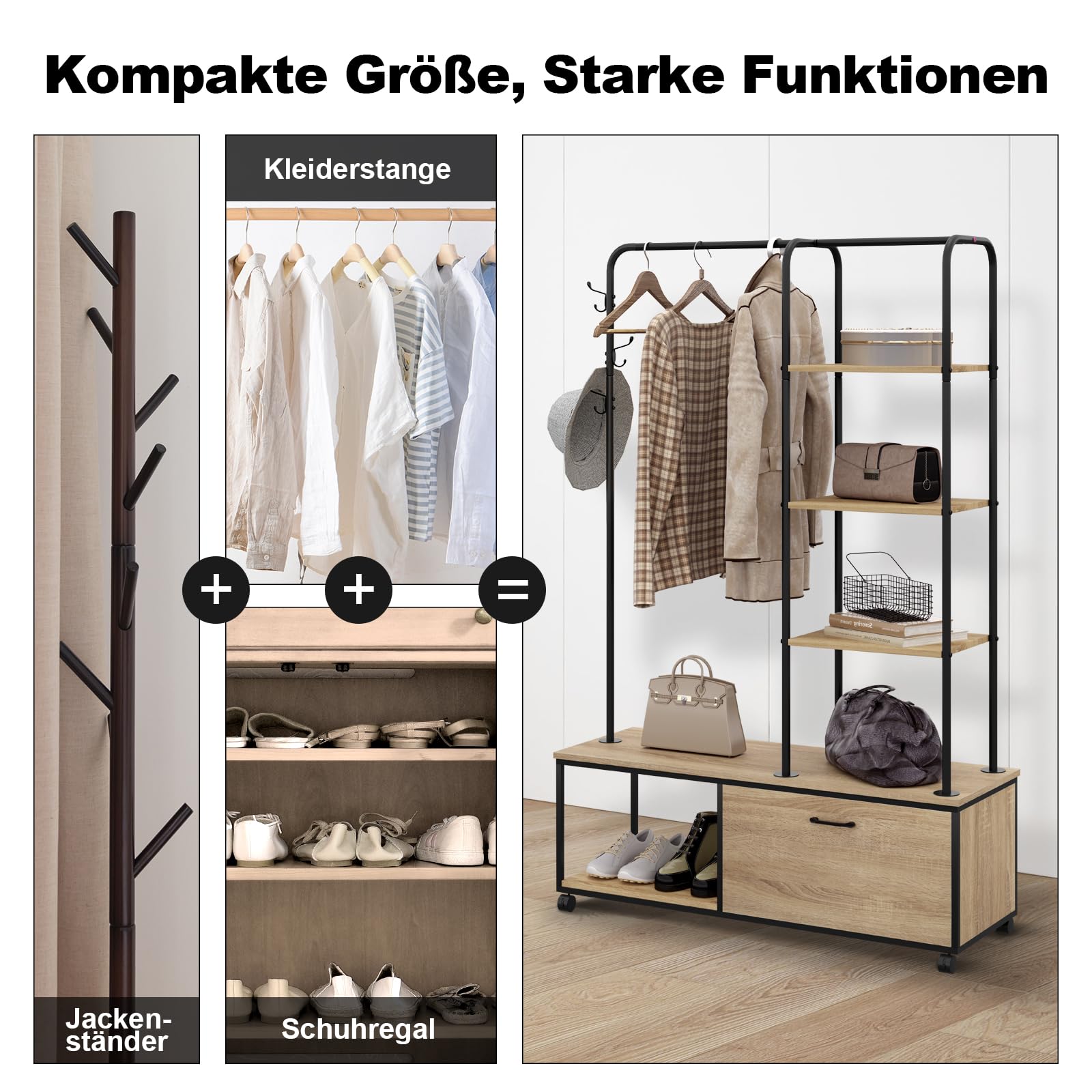 eSituro Kleiderständer, freistehender Garderobenständer auf 4 Rollen, mit 1 Kleiderstange Schrank, 5 Ablagen 3 Haken, Multifunktionales Regal aus MDF Metall, Schwarz Holzmaserung